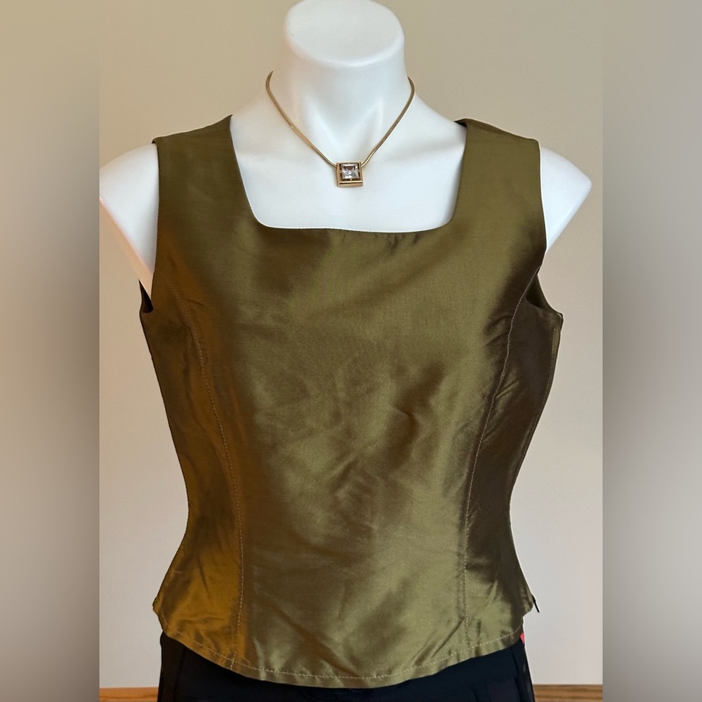 Olive Green Satin Square-Neck Sleeveless Top